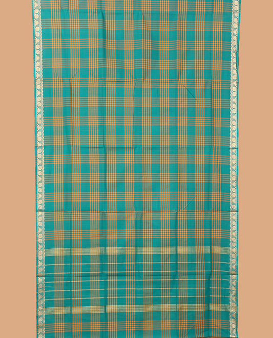 Green checked nine-yard cotton saree, floral design border, and pallu of stripes