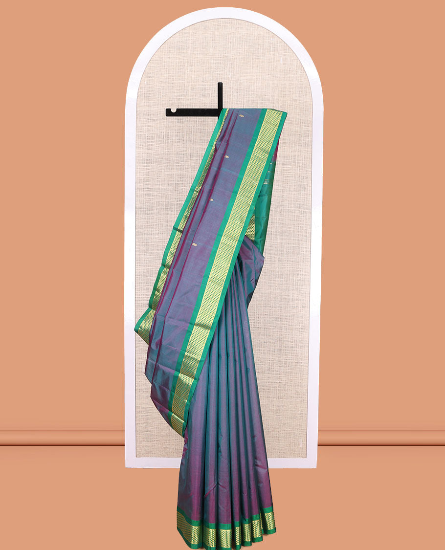 Blue Dual-Tone Kanchipuram Silk Saree, Woven with Zari Buttas, a Contrast Ara Maadam Border, Zari Design Pallu, and a Contrast Blouse