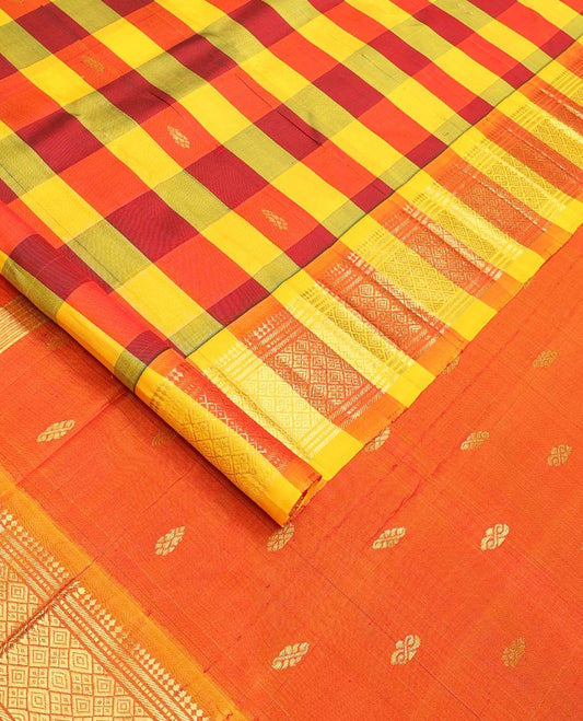 Multi-color checked and zari buttas Kanchipuram silk saree, one-sided border of paneer sombu, banaras, muthu, and jaal designs, and zari design pallu