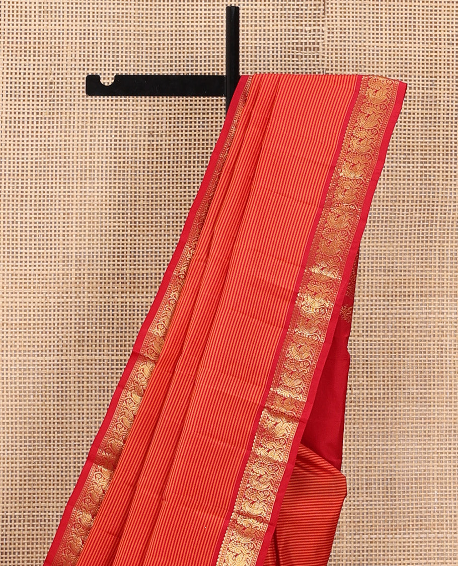Orange Vazhaipoo Striped Kanchipuram Silk Saree, Complemented by a Contrast Border Featuring Rekku, Muthu, and Mayil Designs, Sparsely Zari Woven Pallu, and Paired with a Contrast Blouse