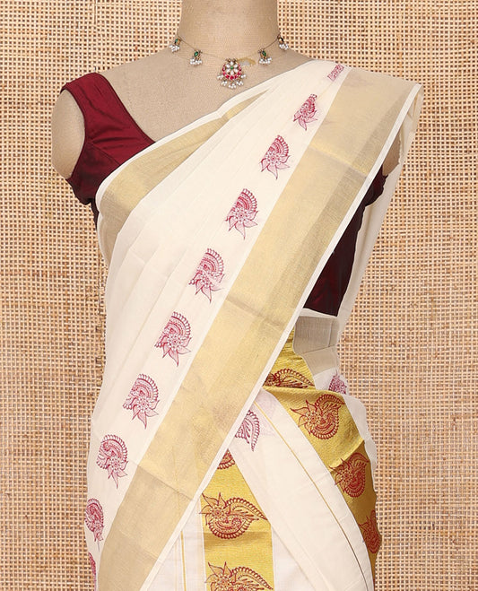 Cream unique motifs printed Kerala mundu set with zari printed border