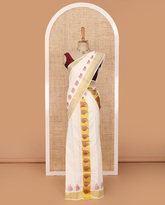 Cream unique motifs printed Kerala mundu set with zari printed border