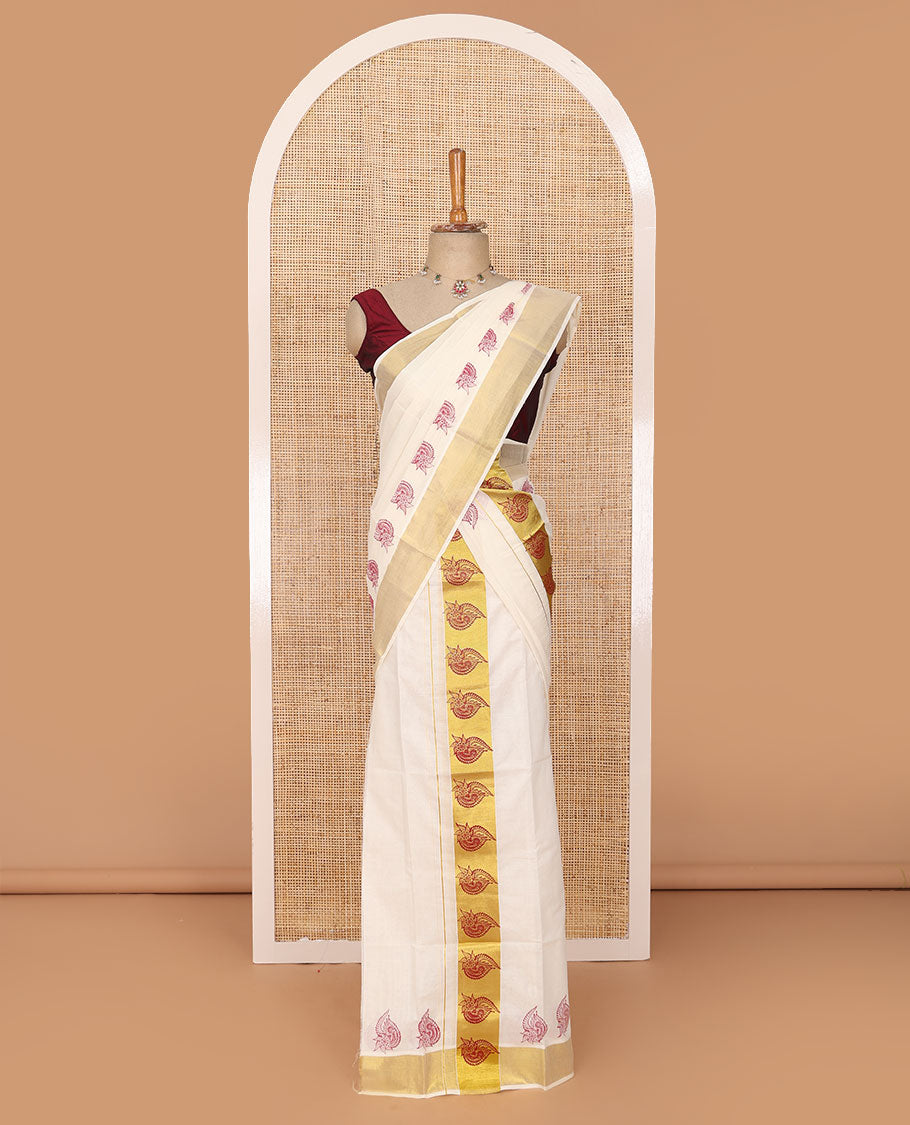 Cream unique motifs printed Kerala mundu set with zari printed border