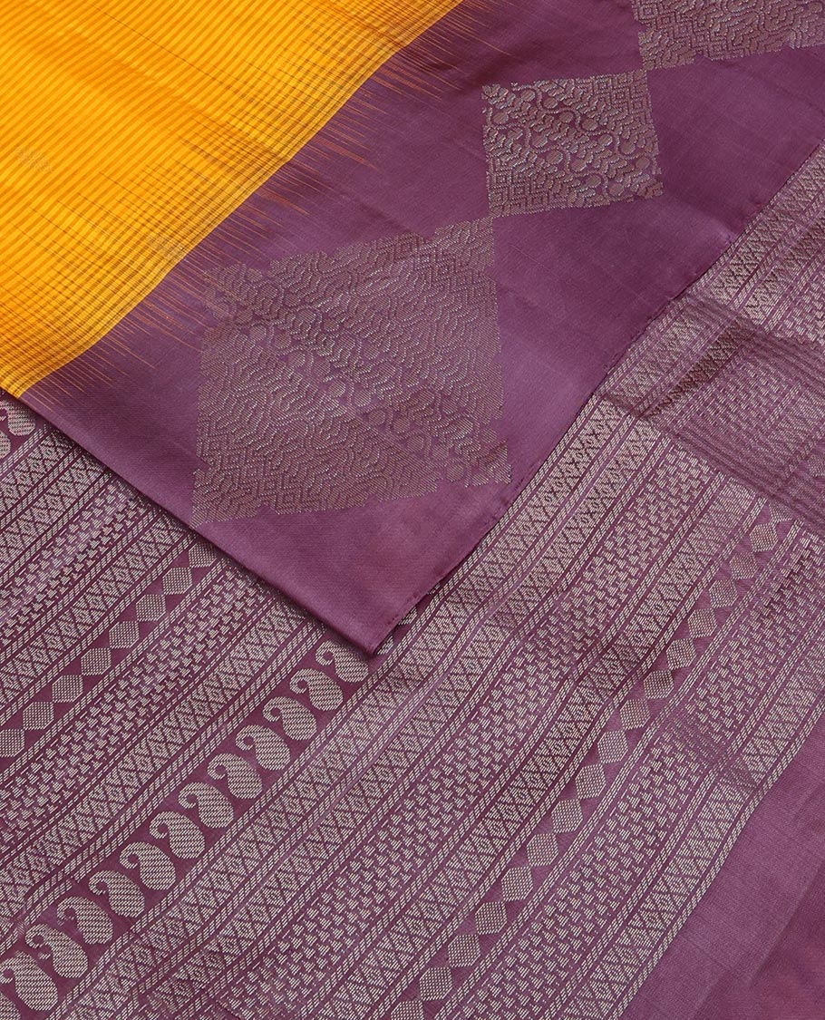 Orange vazhaipoo striped & buttas soft silk saree, contrast diamond patterned border & pallu of traditional zari designs