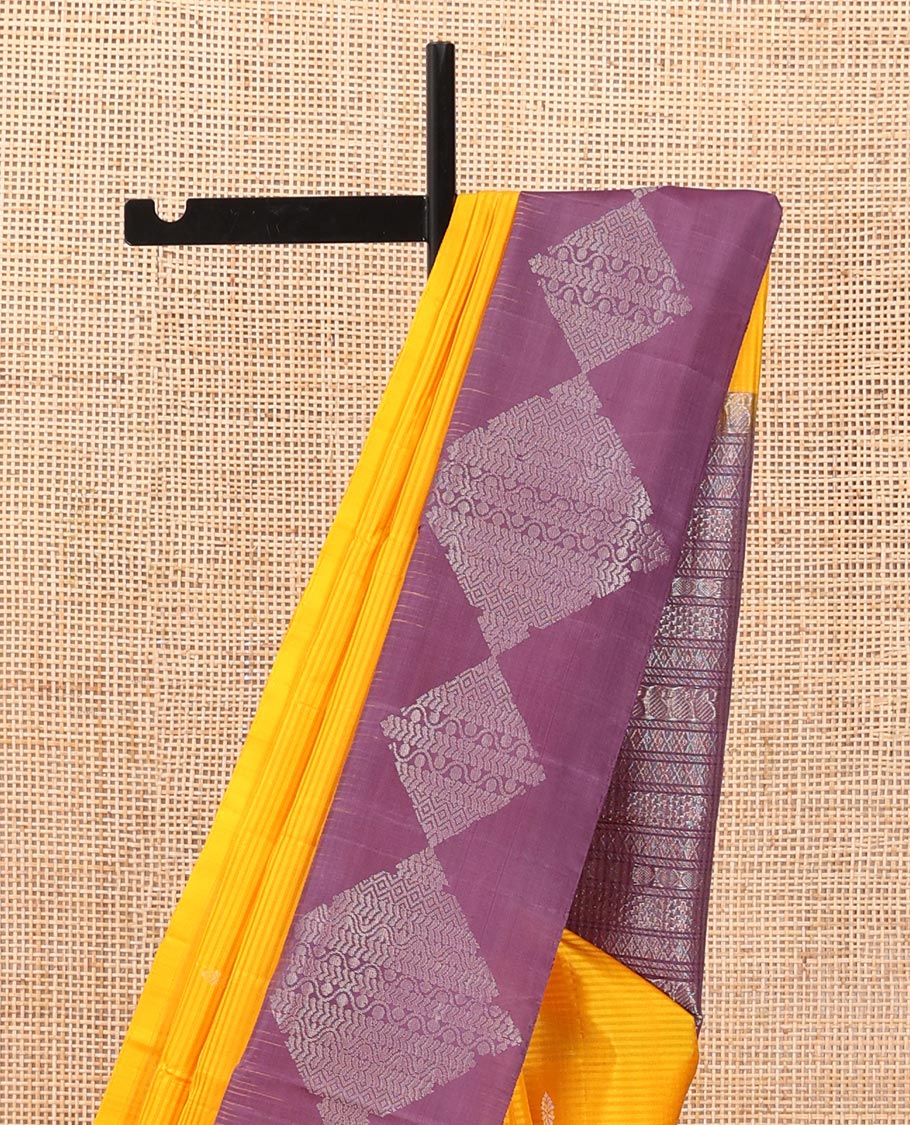 Orange vazhaipoo striped & buttas soft silk saree, contrast diamond patterned border & pallu of traditional zari designs