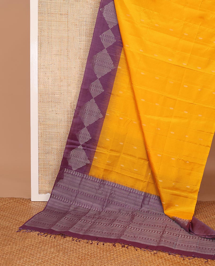 Orange vazhaipoo striped & buttas soft silk saree, contrast diamond patterned border & pallu of traditional zari designs