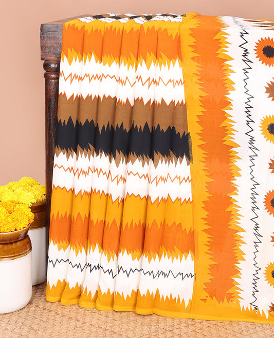 Borderless mustard zig zag printed micro poonam combo sarees with printd pallu & zig zag printed blouse