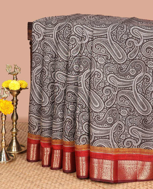 Black jamdhaani prited style chanderi cotton saree with contrast mango border & printed pallu along with plain blouse