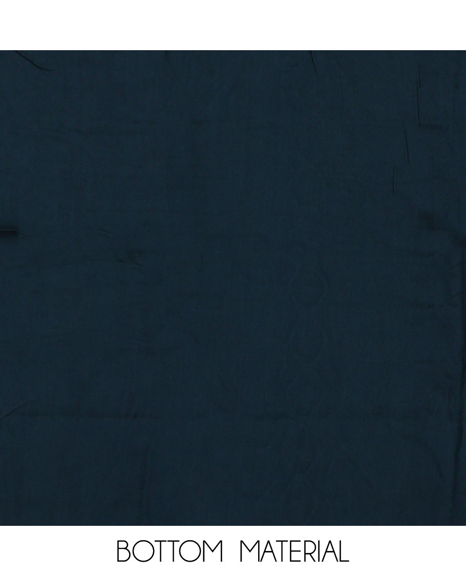 Cream and blue material chudidar set, block printed with neck work top, contrast plain bottom, and intricately block printed dupatta