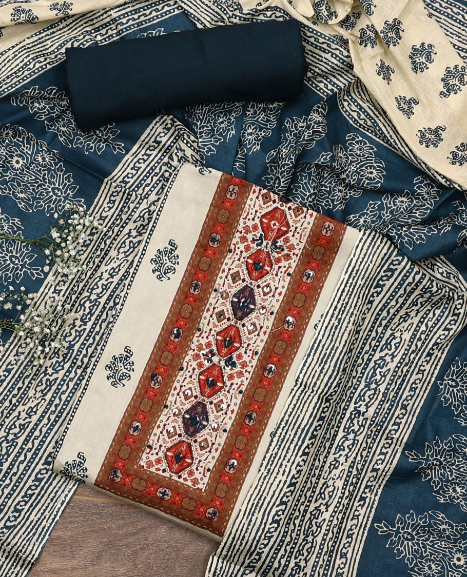 Cream and blue material chudidar set, block printed with neck work top, contrast plain bottom, and intricately block printed dupatta