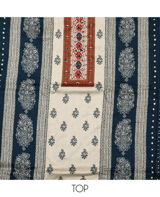 Cream and blue material chudidar set, block printed with neck work top, contrast plain bottom, and intricately block printed dupatta