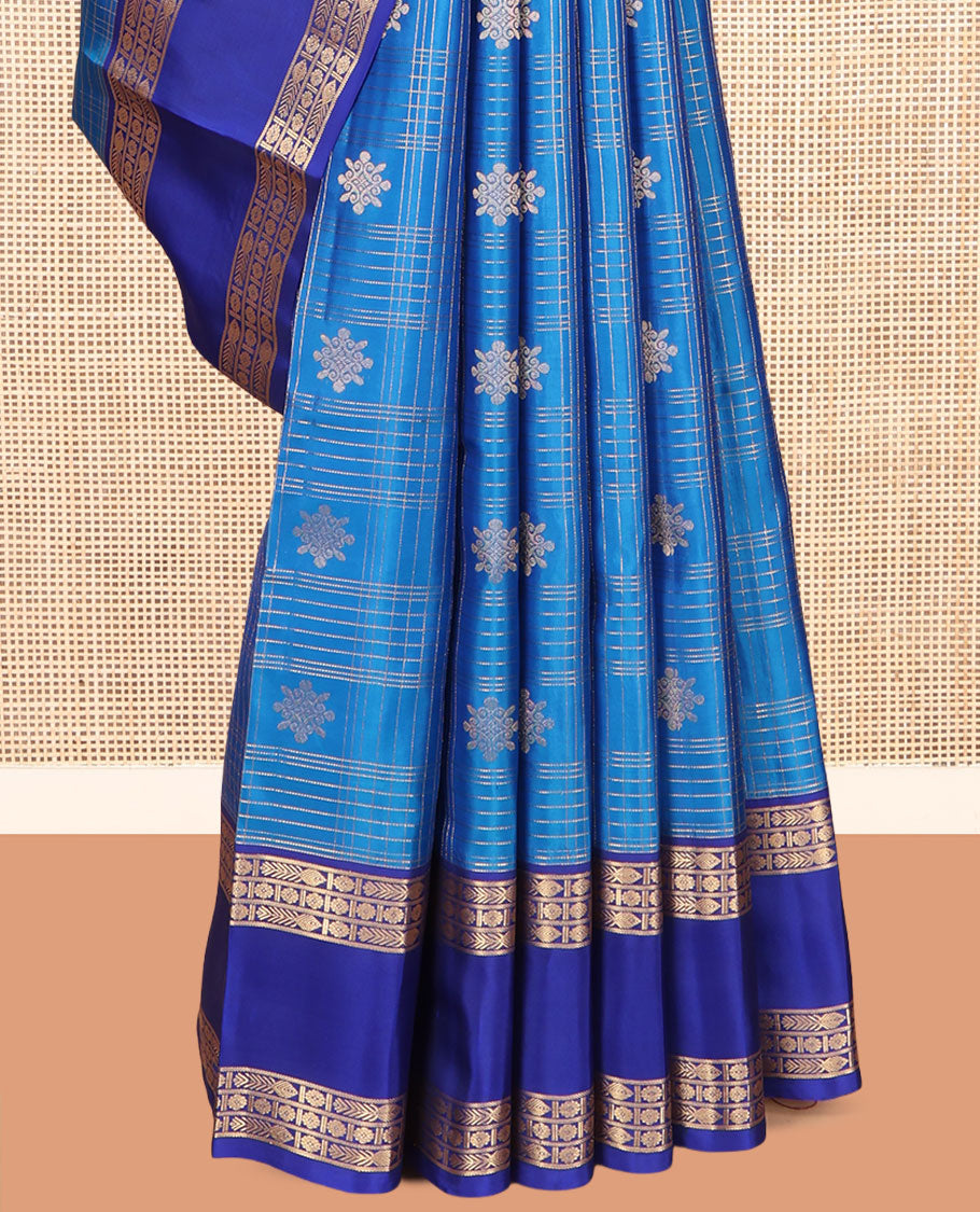 Blue Vasundhara Lite Silk Mix Saree, Gleamed Up with Zari Buttas and Checks, a Contrast Rettai Pettu Border of Meen and Kamalam Designs, Grand Pallu, and a Contrast Blouse