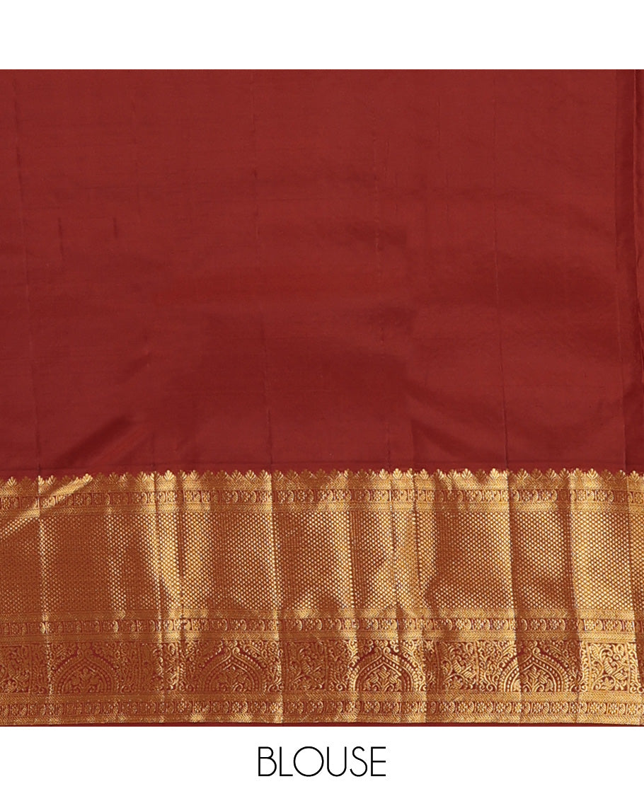 Orange jacquard wedding silk saree, contrast traditional zari design border, and zari-rich jaal pallu