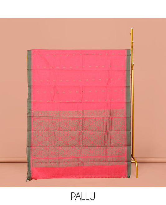 Pink Kanchi Cotton Saree, Delicately Decked Up with Buttas on Its Body, Complemented by Contrast Border, Sparsely Woven Pallu, and Paired with a Matching Blouse