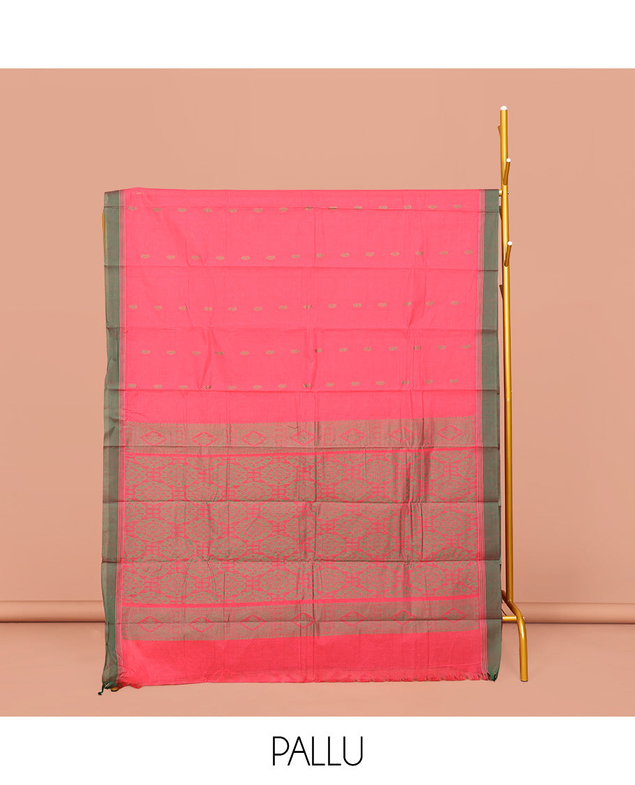 Pink Kanchi Cotton Saree, Delicately Decked Up with Buttas on Its Body, Complemented by Contrast Border, Sparsely Woven Pallu, and Paired with a Matching Blouse