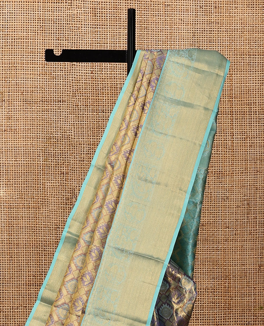 Lavender Jacquard Kanchipuram Tissue Silk Saree, a Contrast Border of Thilakam, and Mayil Designs, Grand Pallu, and Contrast Blouse