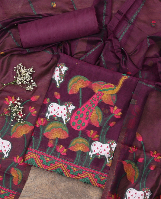 Purple material chudidar set, hand-painting style Pichwai lotus, cow and peacock printed top, plain bottom and dupatta mirrors the same top print
