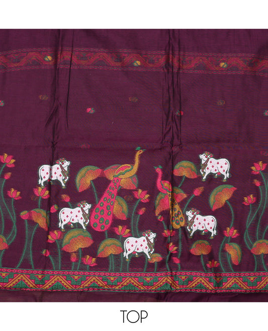 Purple material chudidar set, hand-painting style Pichwai lotus, cow and peacock printed top, plain bottom and dupatta mirrors the same top print