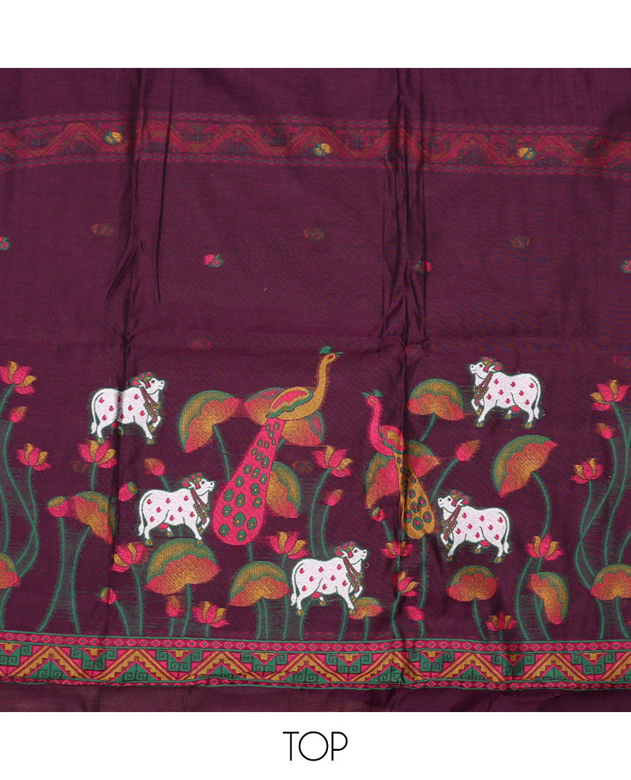 Purple material chudidar set, hand-painting style Pichwai lotus, cow and peacock printed top, plain bottom and dupatta mirrors the same top print