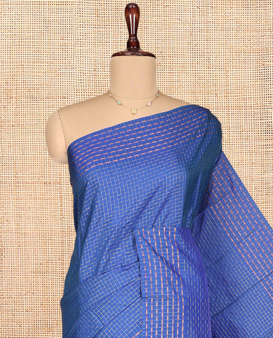 Blue Aarani Gift Saree, Highlighted by a Geometric Checked Design, Self-Border, Pallu of Stripes, and Paired with a Matching Blouse