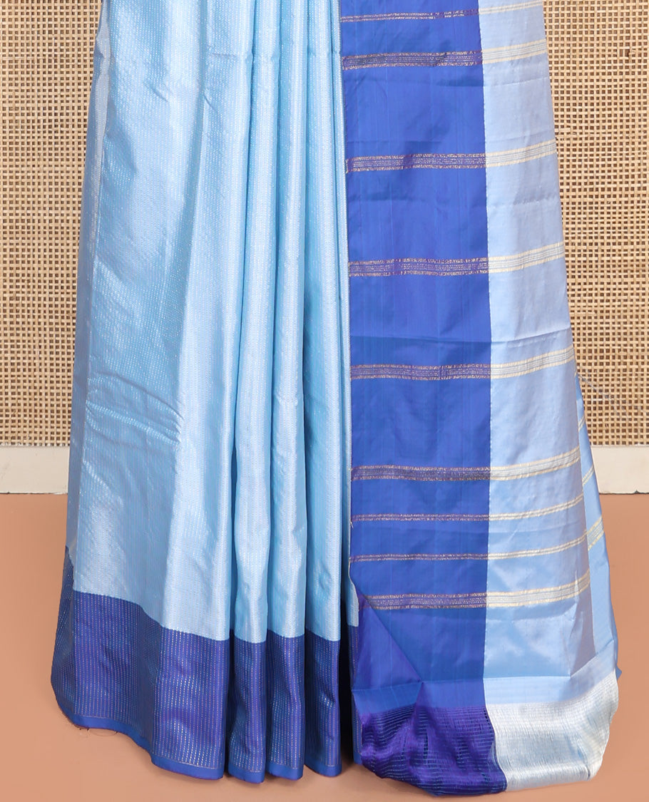 Blue Aarani Silk Saree, Dazzled with Stripes on Its Body, Complemented by a Contrast Temple Border, Pallu of Stripes, and Paired with a Matching Blouse