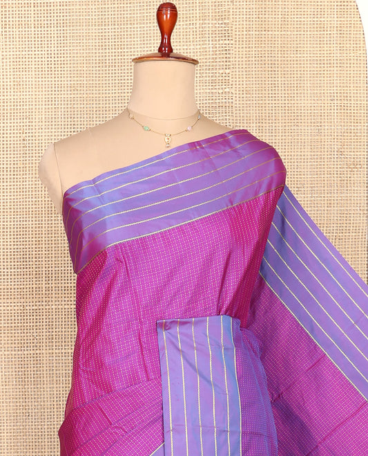 Pink Aarani Silk Saree, Enriched with Zari Micro-Checked Design All Over Its Body, Complemented by a Contrast Zari Stripes Border, Pallu of Stripes, and Paired with a Contrast Blouse