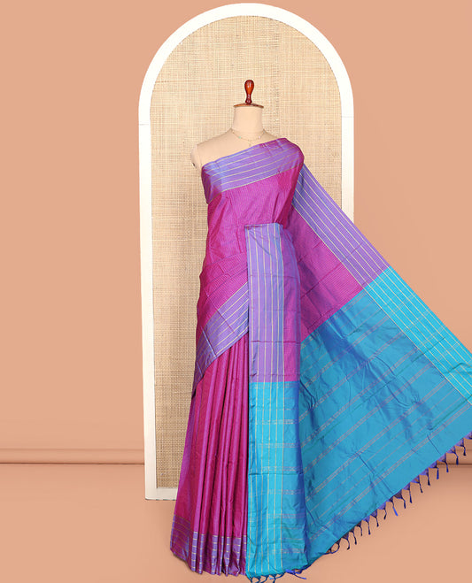 Pink Aarani Silk Saree, Enriched with Zari Micro-Checked Design All Over Its Body, Complemented by a Contrast Zari Stripes Border, Pallu of Stripes, and Paired with a Contrast Blouse