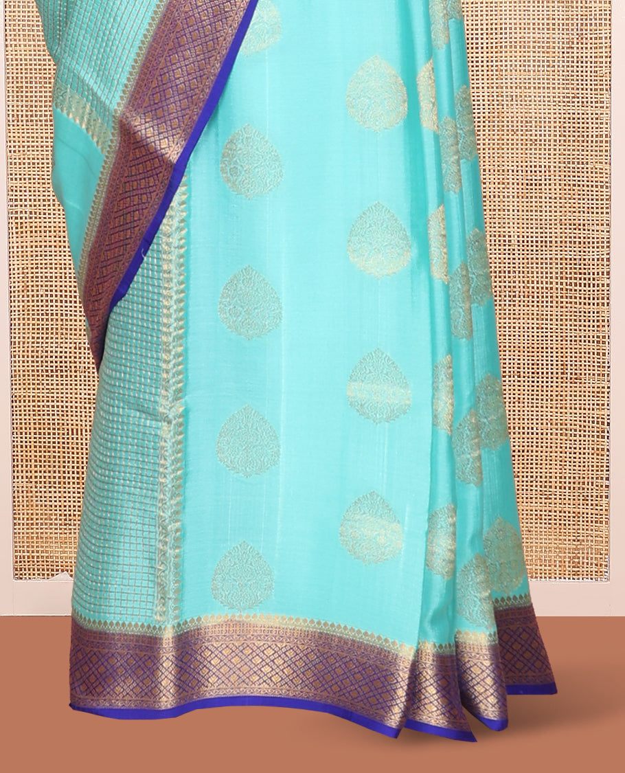 Blue Mysore Silk Saree, Embellished with Zari Buttas All Over Its Body, Complemented by Captivating Contrast Border of Traditional Zari Designs, Zari Designs Woven Pallu and Paired with a Contrast Blouse
