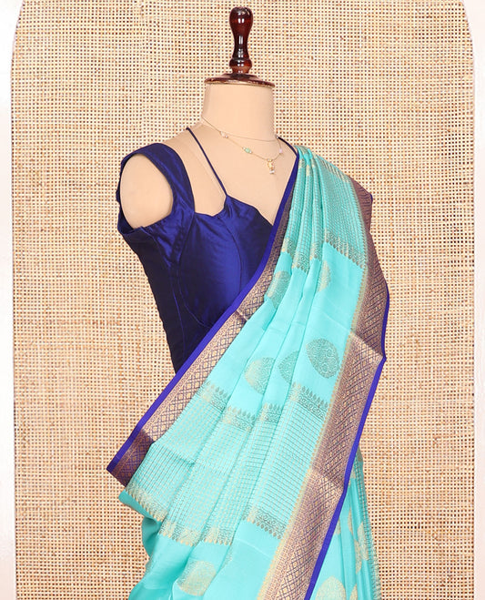Blue Mysore Silk Saree, Embellished with Zari Buttas All Over Its Body, Complemented by Captivating Contrast Border of Traditional Zari Designs, Zari Designs Woven Pallu and Paired with a Contrast Blouse