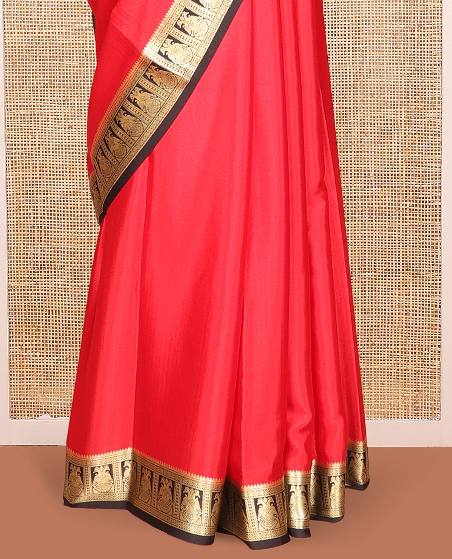 Red Plain Mysore Silk Saree, Complemented by a Contrast Two-Headed Eagle Zari Border, Zari Design Pallu, and a Contrast Blouse