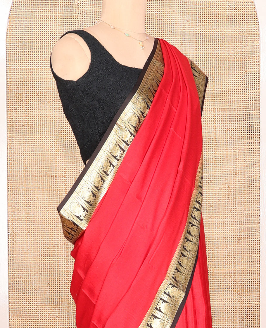 Red Plain Mysore Silk Saree, Complemented by a Contrast Two-Headed Eagle Zari Border, Zari Design Pallu, and a Contrast Blouse