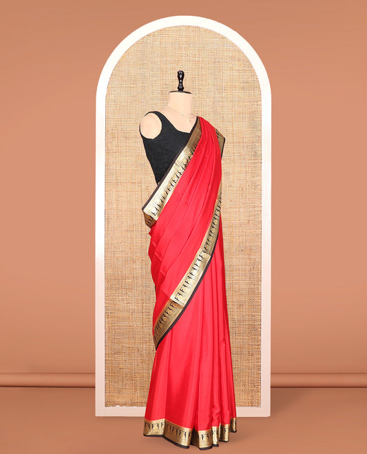 Red Plain Mysore Silk Saree, Complemented by a Contrast Two-Headed Eagle Zari Border, Zari Design Pallu, and a Contrast Blouse