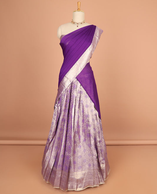 lavender floral jacquard half saree with self floral zaei design border , zari design blouse & plain, zari design border dhavani