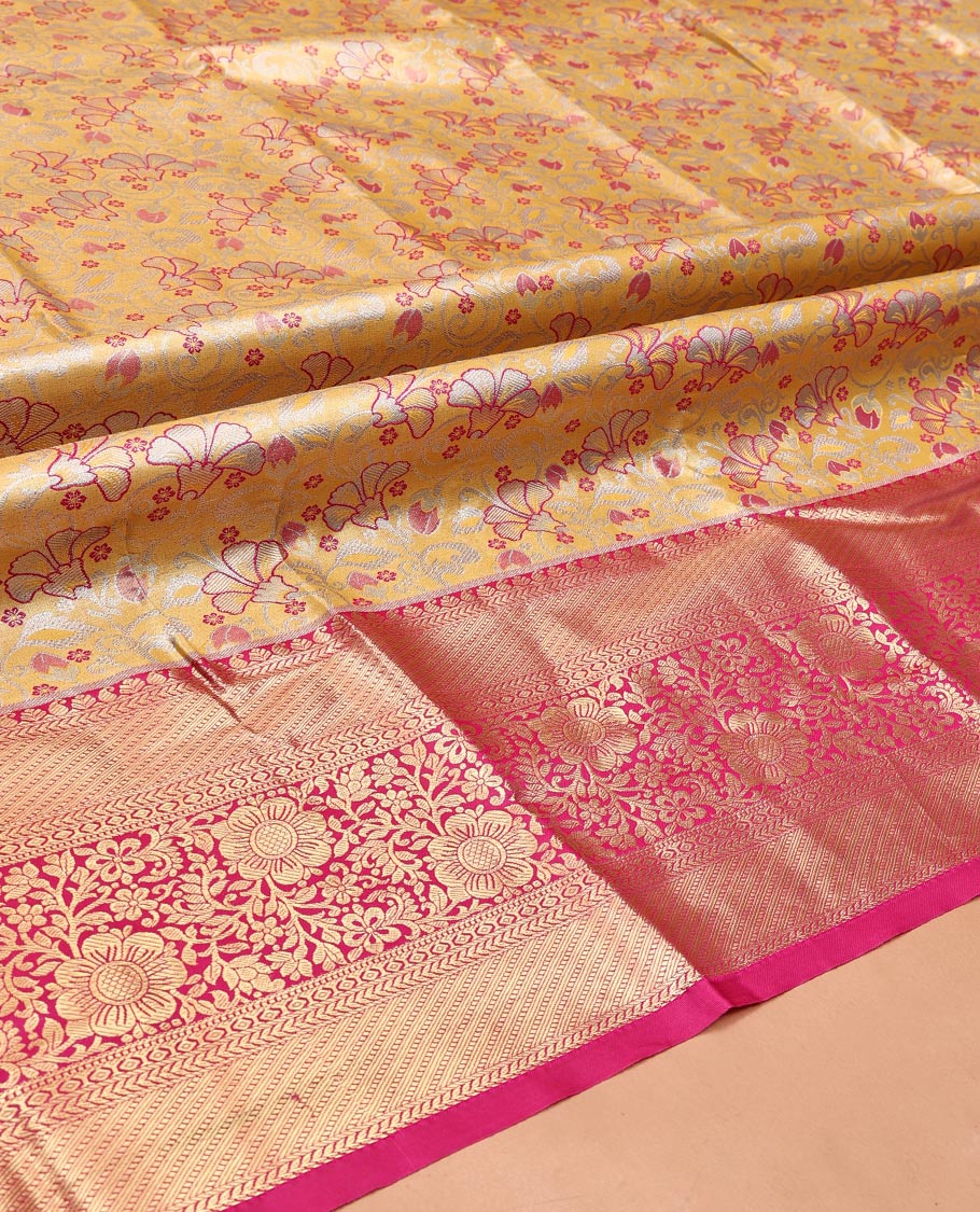 Sandal Art Silk Material Half Saree, Majestically Detailed with Jacquard Skirt, a Contrast Floral Vine Zari Border, Contrast Blouse, and an Intricate Dhavani