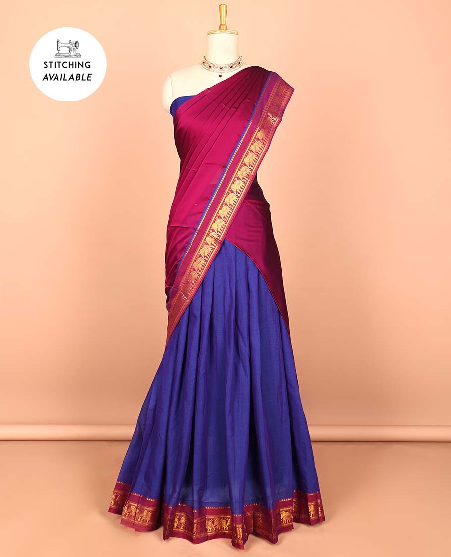 Blue cotton half saree with contrast zari border, plain blouse & plain with zari border dhavani
