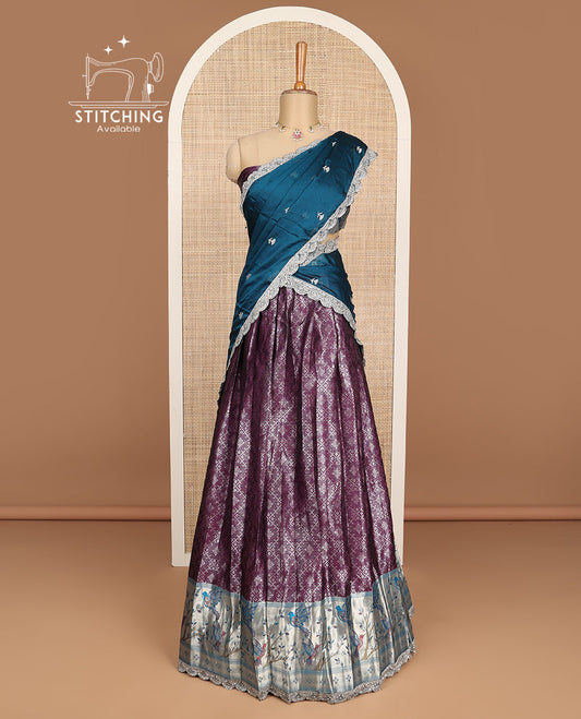 Violet floral jacquard half saree with contrast zari design border , zari design blouse & floral zari design dhavani