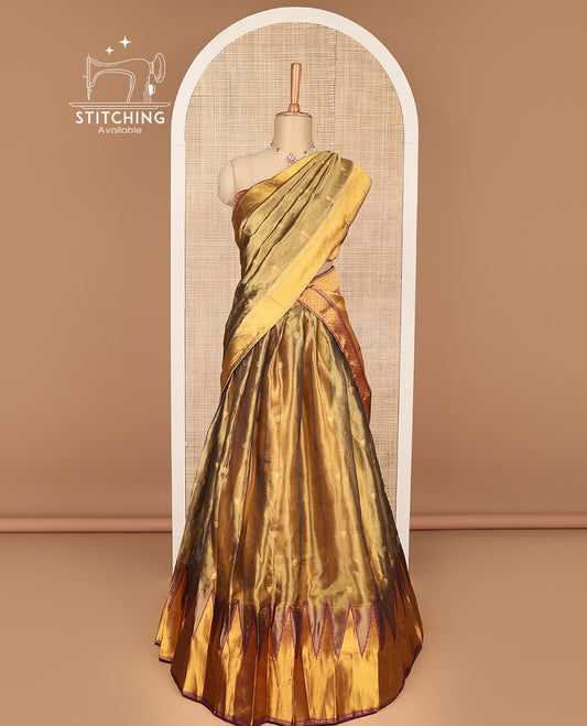 Brown floral design banaras half saree with contrast temple zari design border , zari design blouse & floral zari design dhavani