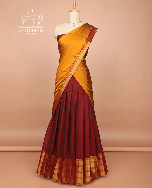 Red cotton half saree with contrast traditional zari design border, zari design blouse & zari design border dhavani
