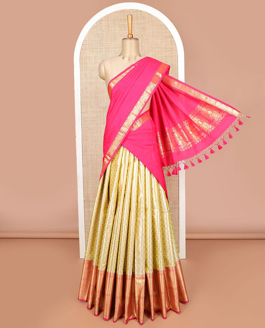 Yellow jaal design art sillk saree with contrast border of intricate zari designs, zari design blouse & floral design dhavani