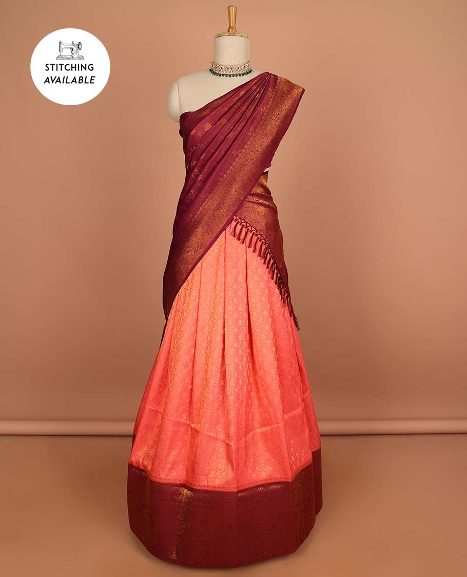 Blue buttas half sare with contrast zari border, zari design blouse & floral design dhavani
