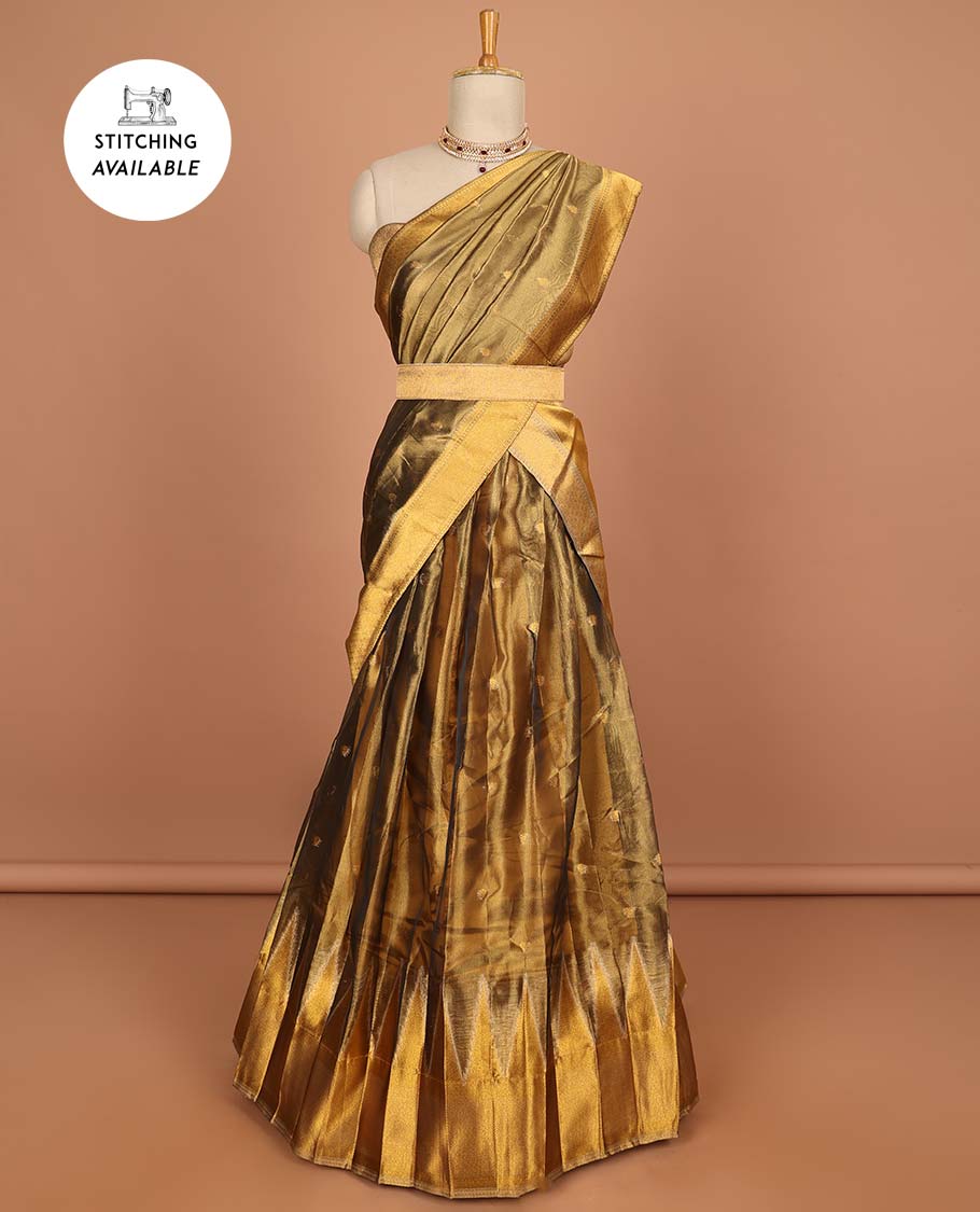 Brown buttas half saree with contrast temple border , zari design blouse & floral zari design dhavani