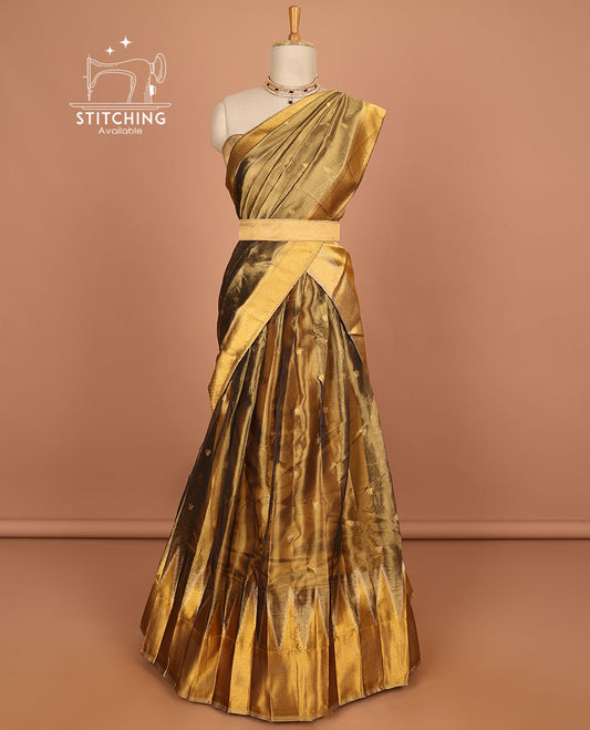 Brown buttas half saree with contrast temple border , zari design blouse & floral zari design dhavani