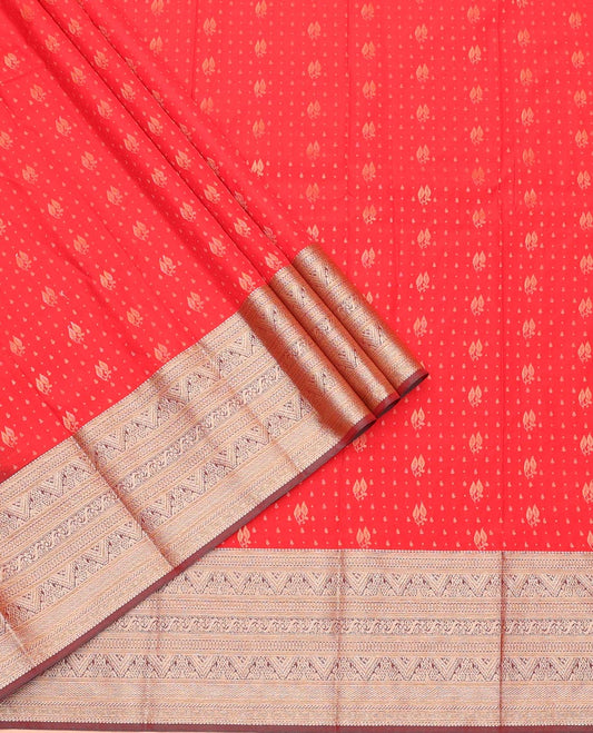 Red Art Silk Pavadai Material Set, Uniquely Detailed with Zari Buttas on Its Skirt, Complemented by a Contrast Traditional Zari Design Border, and Paired with a Contrast Blouse