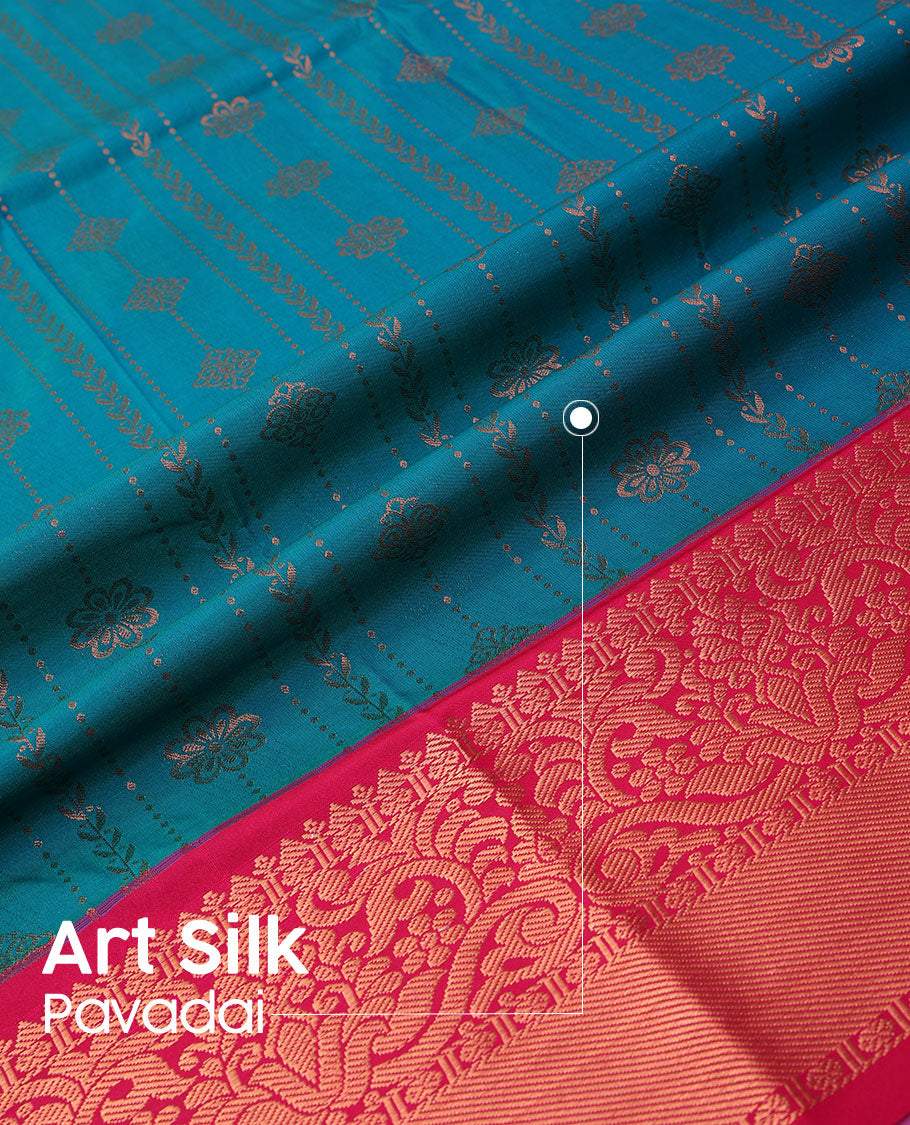 Blue art silk pavadai material, zari design pavadai with contrast traditional zari design border & zari design blouse