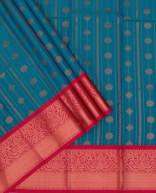 Blue art silk pavadai material, zari design pavadai with contrast traditional zari design border & zari design blouse