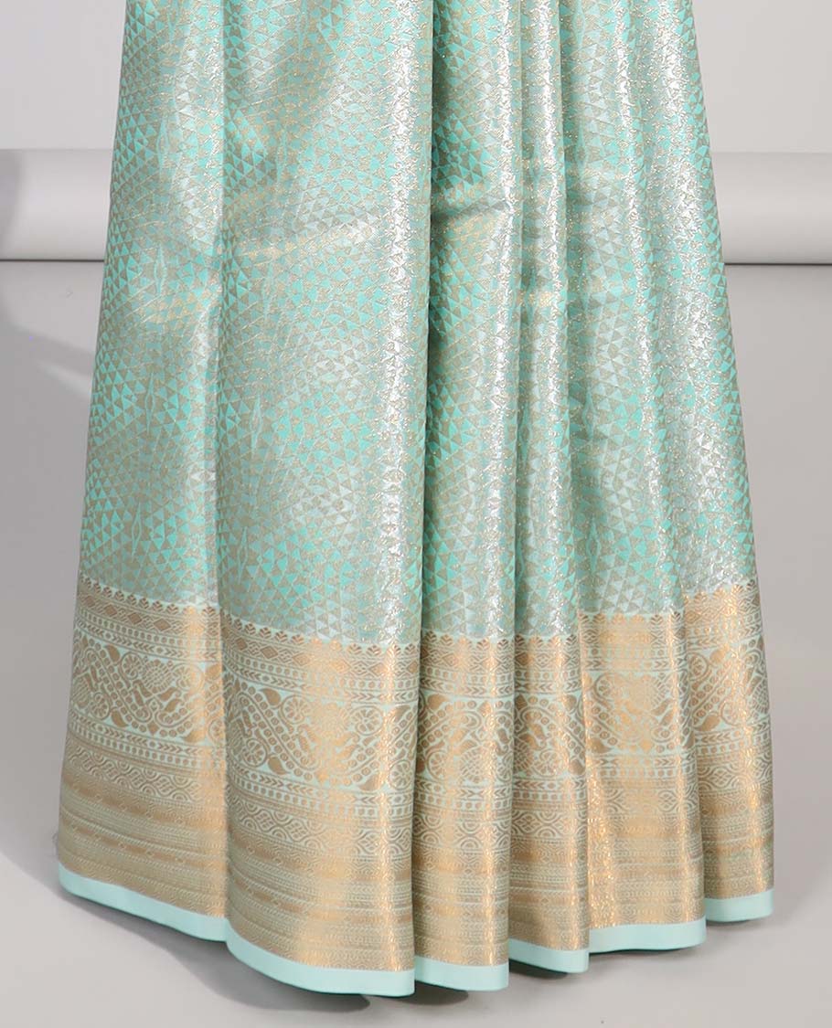 Blue geometric design budget silk saree with self zari border & floral zari design pallu