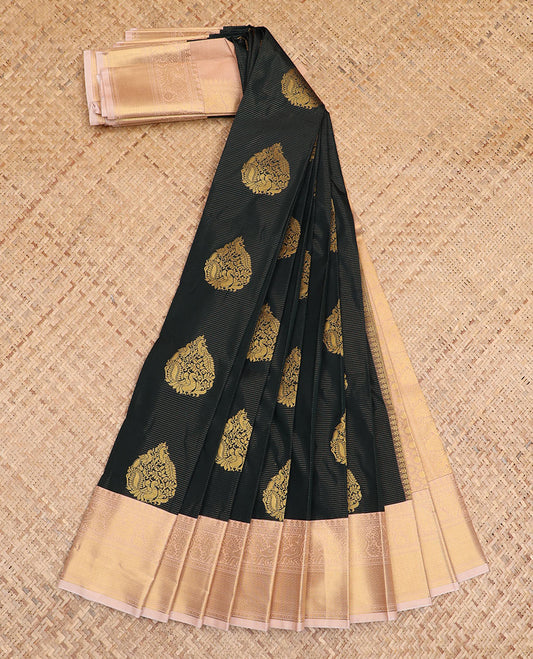 Black zari buttas gift saree, contrast traditional zari design rettai pettu border, and zari-rich jaal pallu