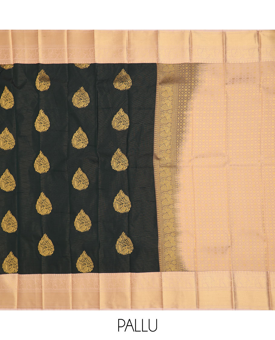 Black zari buttas gift saree, contrast traditional zari design rettai pettu border, and zari-rich jaal pallu