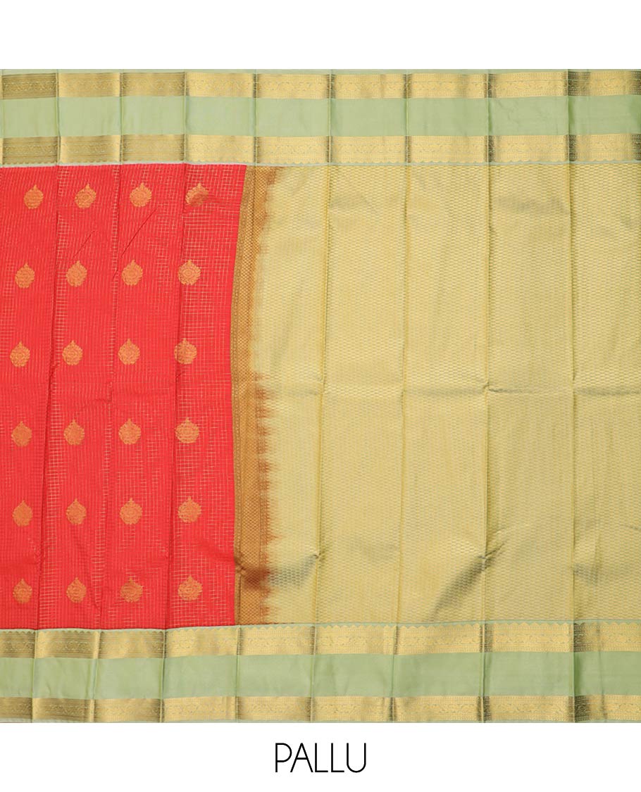 Red zari butta enclosed checked gift saree, contrast traditional zari rettai pettu border, and jaal pallu