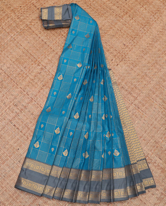 Blue zari butta enclosed checked budget silk saree, contrast traditional zari rettai pettu border, and intricate pallu